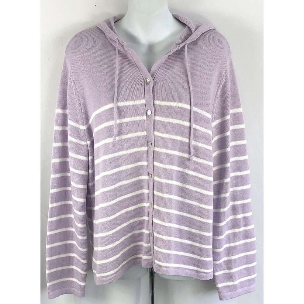 Niki Taylor cardigan sweater hoodie L purple stripe button Up cottage Academia